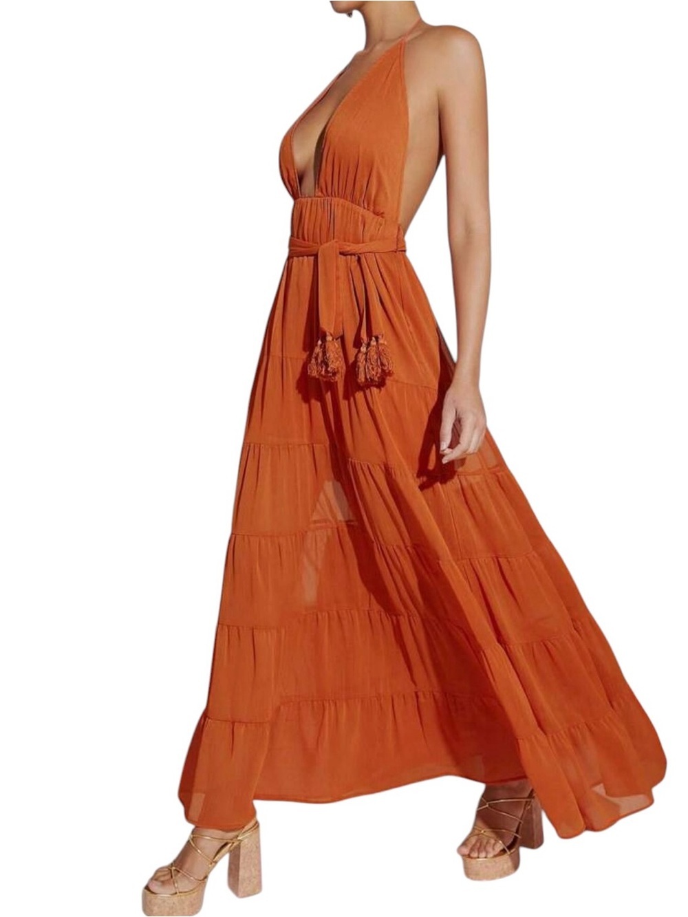 Halter Maxi Dress, XS, backless tiered, fringe belt Summer Showstopper Sexy
